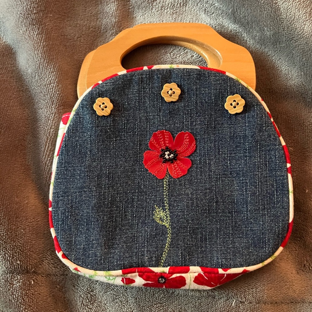 Gymboree Denim Floral Pouch with Red Flower and Wooden Handles